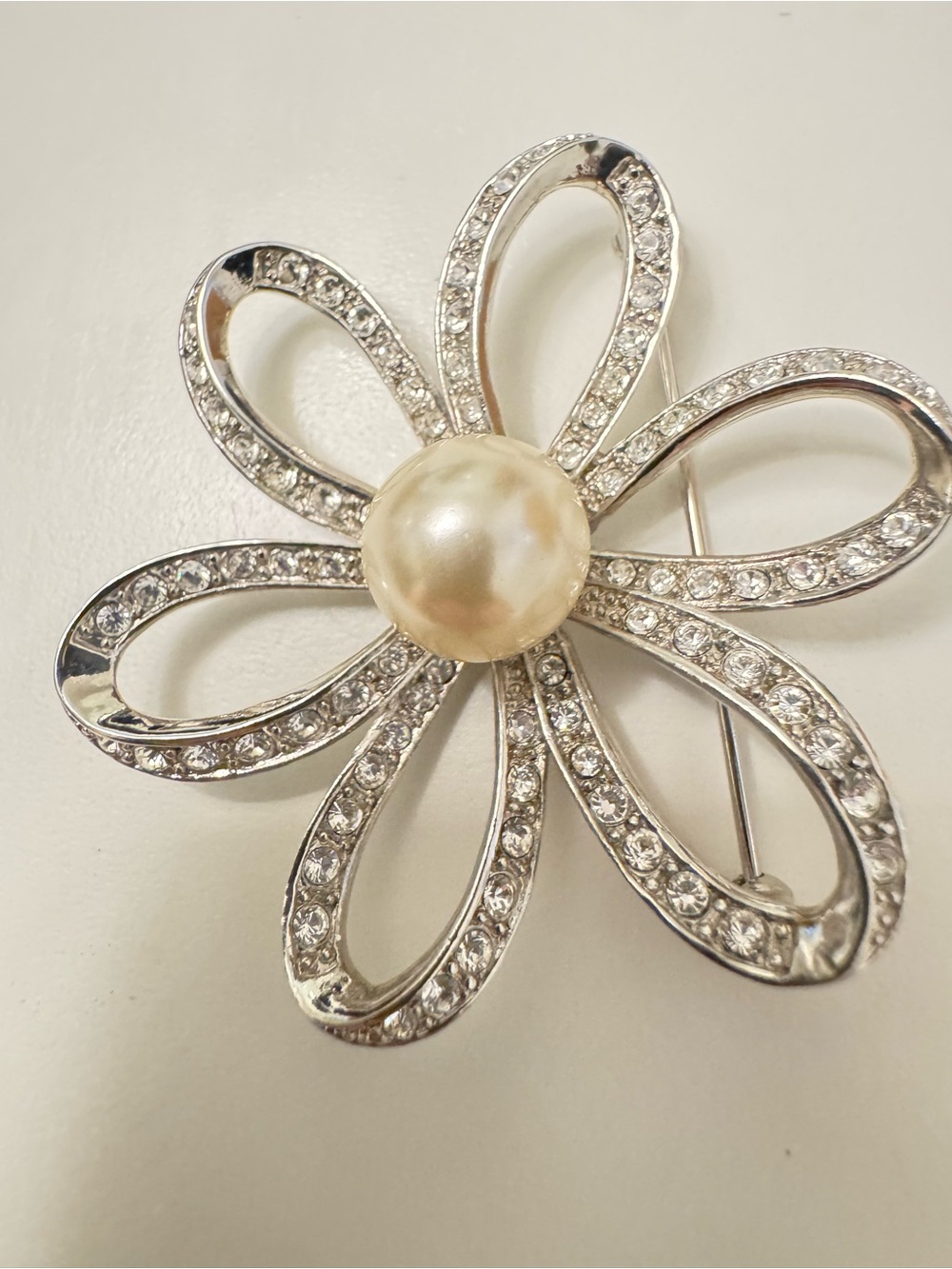Silver-Tone Flower Brooch with Pearl Center and Sparkling Crystals